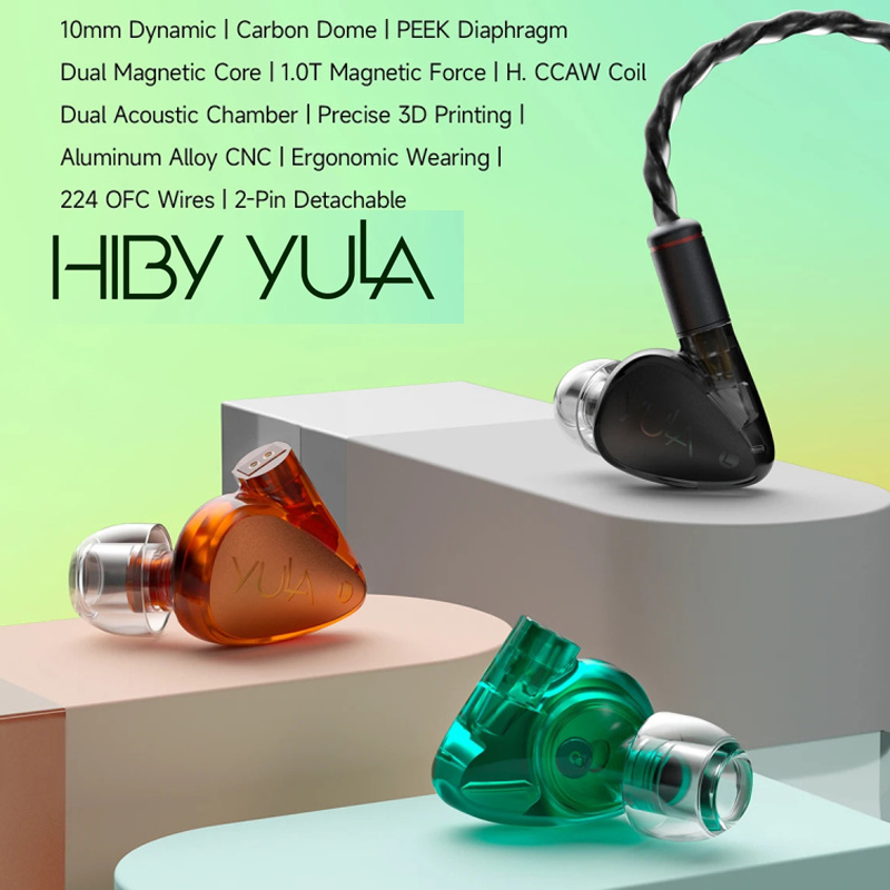 HiBy YULA 10mm Dynamic HiFi Earphones PEEK Diaphragm Dual Magnetic Core Dual Acoustic Chamber Aluminum Alloy CNC 224 OFC Wires