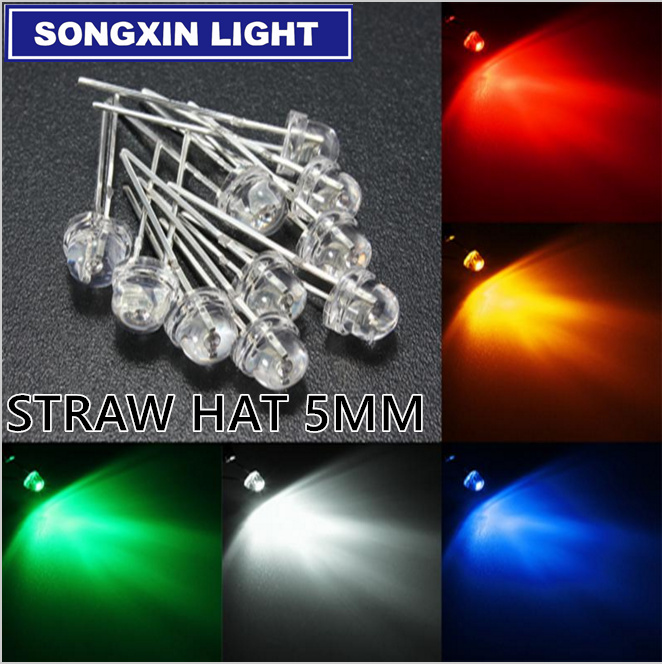 100 pcs/lot 5mm straw hat led diode 20 pcs each yellow red blue green white (4.8mm) leds Light Emitting Diodes mix color kit