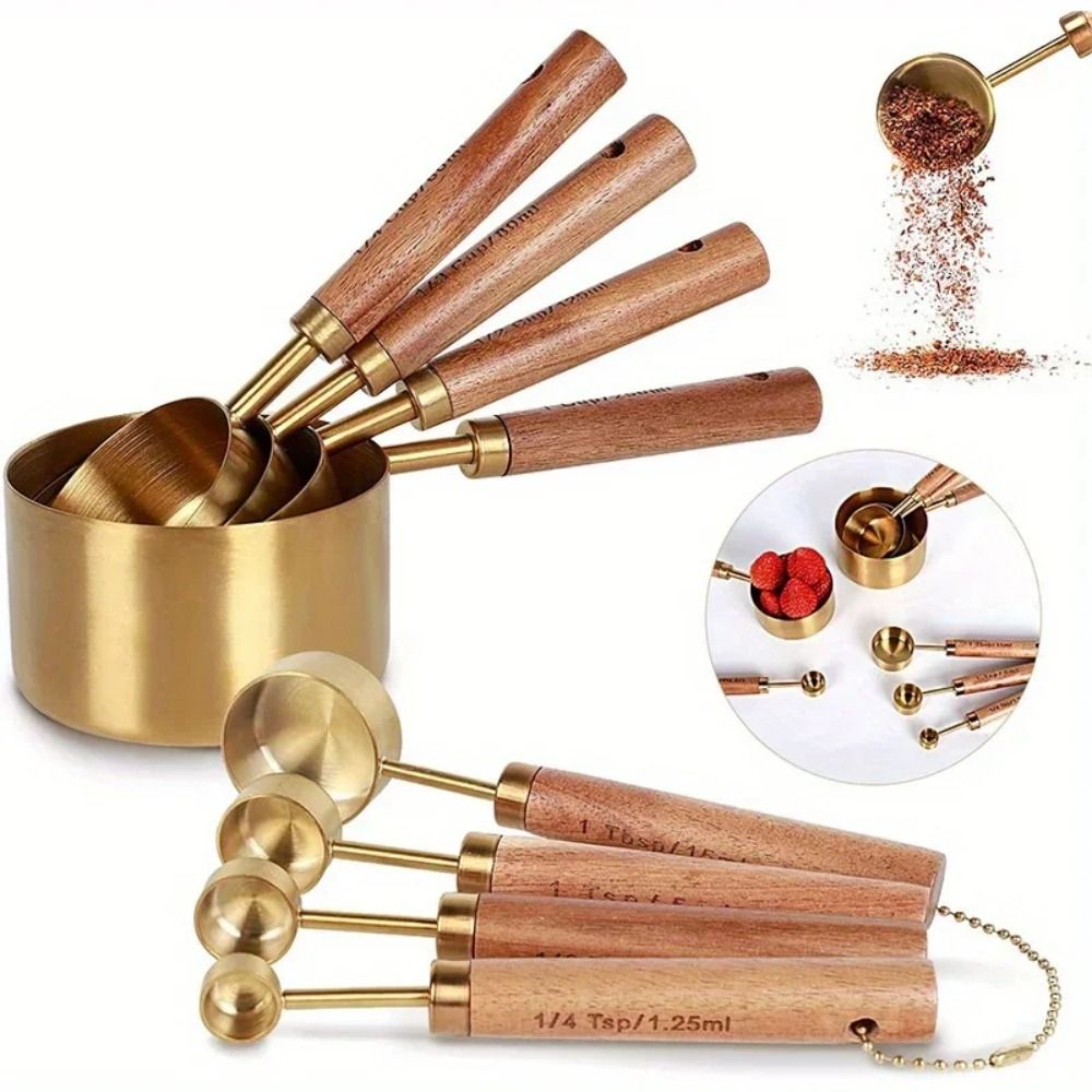 New Stainless Steel Measuring Cups Spoons Wooden Handle Bartending Scale Baking Tools Gold Mini Tea Spoon Coffee Measuring Spoon