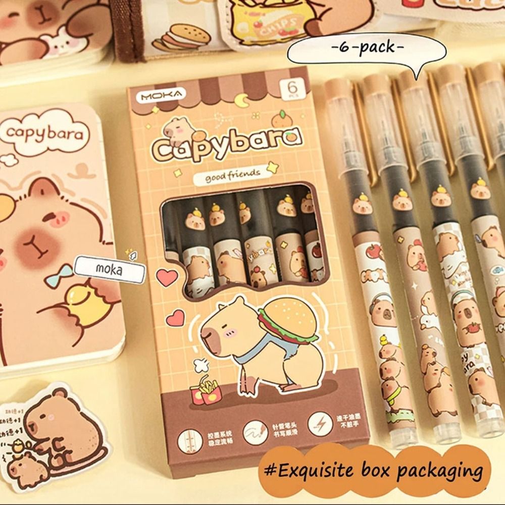 6Pcs Creative Straight Liquid Capibara Neutral Pen 0.5mm Plastic Gel Pen Cute Durable Sign Pens