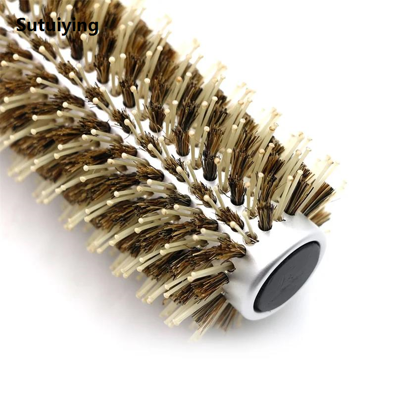 Sutuiying Professional Salon Hair Round Brush Ceramic Boar Bristles Anti-static and Heat Resistant Hairdressing Barber Brush Styling Tool