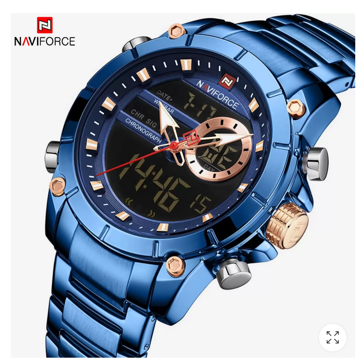 NF9163 Luxury Dual Display Blue Color Watch for Men - Black Stainless Steel Digital & Analog Sports Quartz Wristwatch || Sold By Best Suppliers