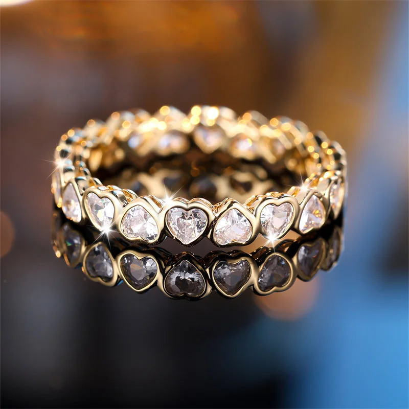 NEW ZEBF--Delicate Single Row Heart Thin Rings For Women Antique Gold Color White Zircon Stacking Wedding Bands Versatile Hand Jewelry CZ