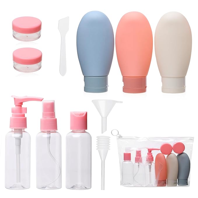11 PCS Travel Toiletry Bottles Set | Refillable Silicone Travel Bottles with Pump, Spray Bottle, Cream Jars, Funnel & Cosmetic Containers | TSA Approved Leak Proof Travel Kit