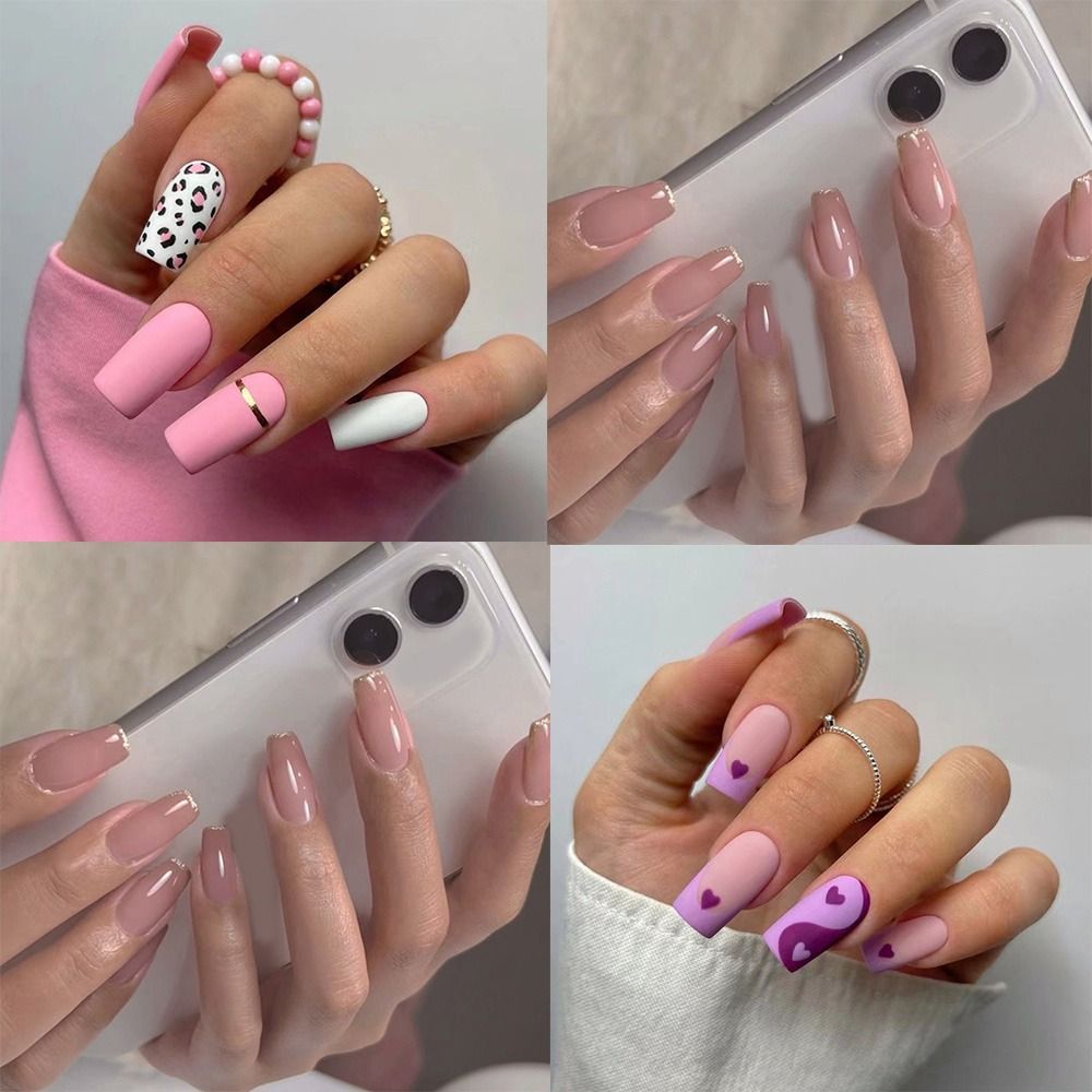 24pcs Detachable Fake Nials DIY Press on Nails Red Love Heart Short Square French False Nails