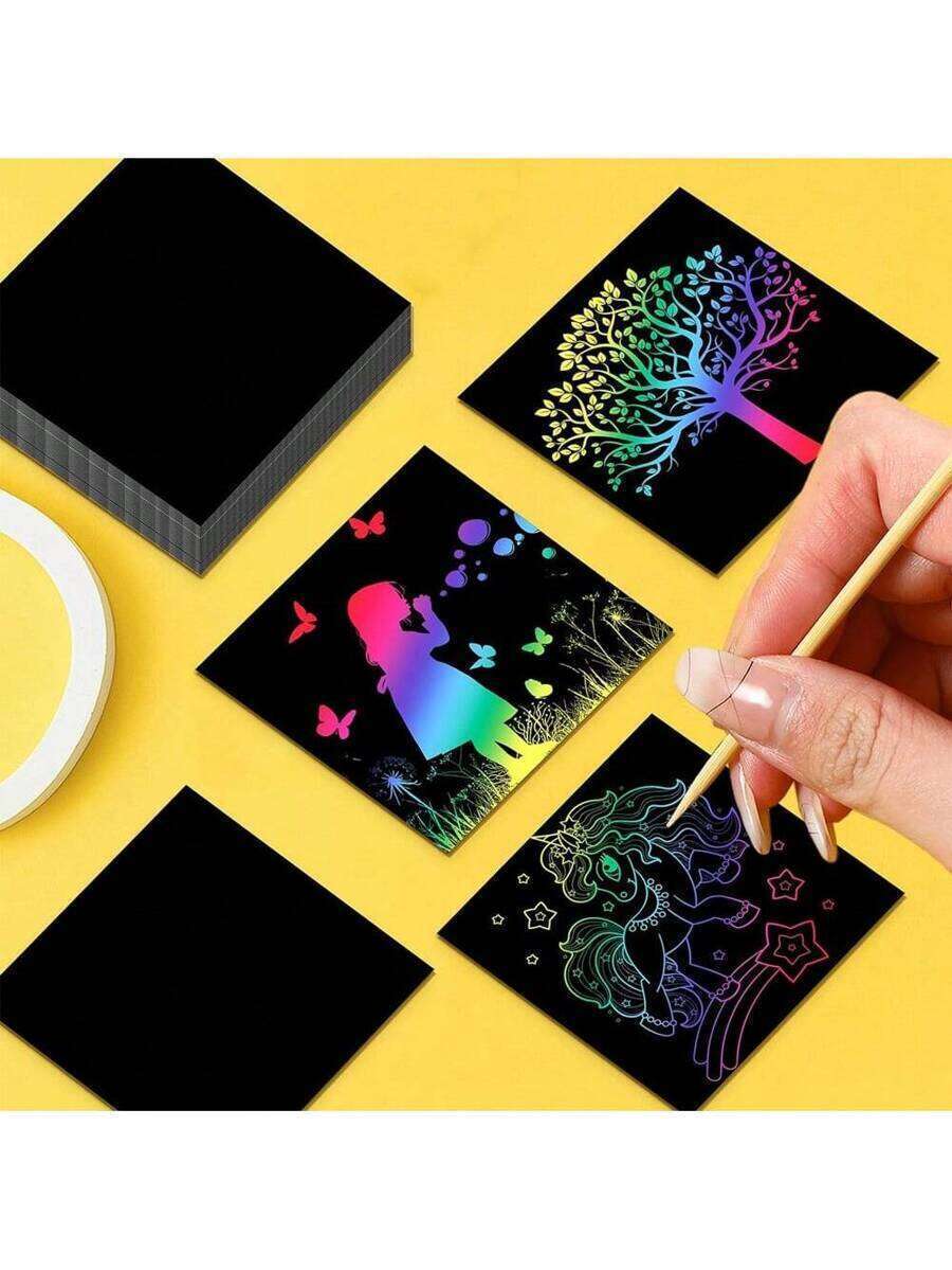 Rainbow Crafts Note Pads 50/100 PCS Magic Scratch Papers DIY Paper Craft Arts Kits With 1 Bamboo Stylus Party Favors Supplies Boys Girls Kids Gift Birthday New Year,Toys Girls,Kids Toys,Toys For Boys,Back To School