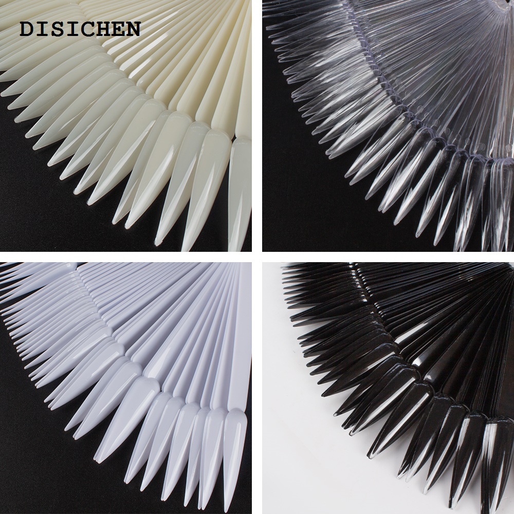 DISICHEN High Quality 50pcs False Nail Tips Gel Polish Practice Card Display Long Stiletto Sharp Showing Chart Palette Buckle Ring Manicure Tool