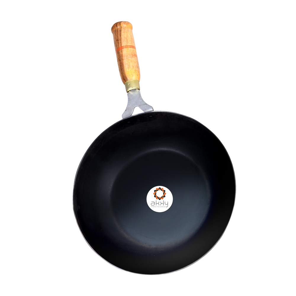 Fry Pan with Wooden Handle | Deep Loha/Lokhandi Kadai for Cooking and Deep Frying (9 Inches) | Iron Skillet with Wooden Handle