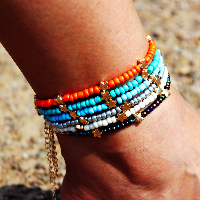 【New Arrivals】Foreign trade ebay hot sale natural stone crystal glass multi-color rice beads anklet sun moon star beach foot decoration