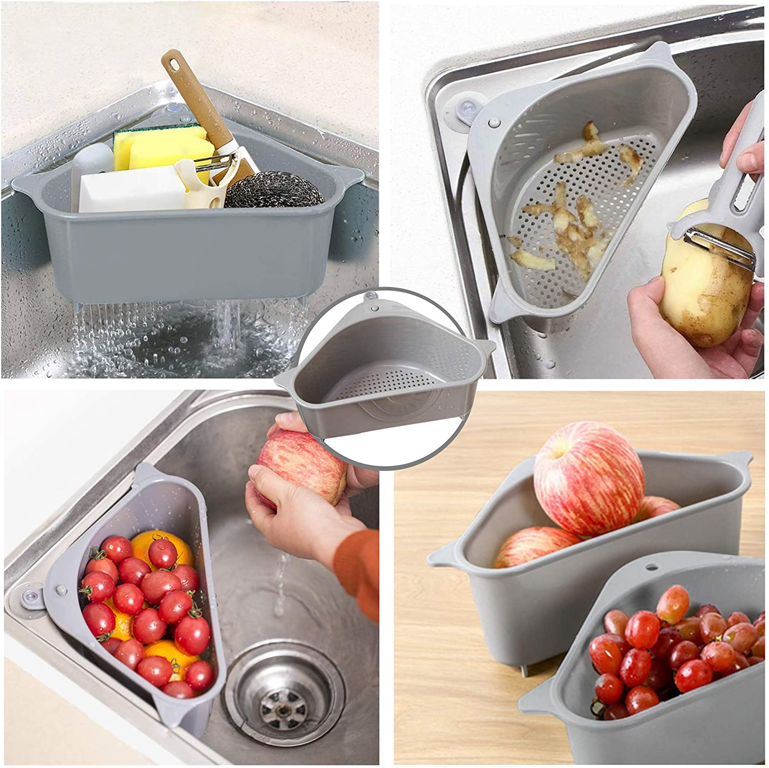 Sink Strainer Basket Gray, Triangular Corner Kitchen Sink Strainer Multifunctional Sink Basket for Kitchen, Bathroom, Soap Box Organizer