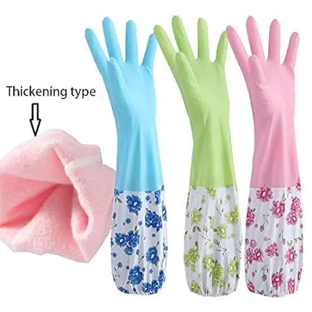 Reusable Rubber Latex PVC Flock lined Heavy Duty Hand gloves for Dishwashing Long Elbow Hand Gloves,Safety Kitchen for Cleaning, Gardening, Laundry multipupose usable gloves(PAIR 1)