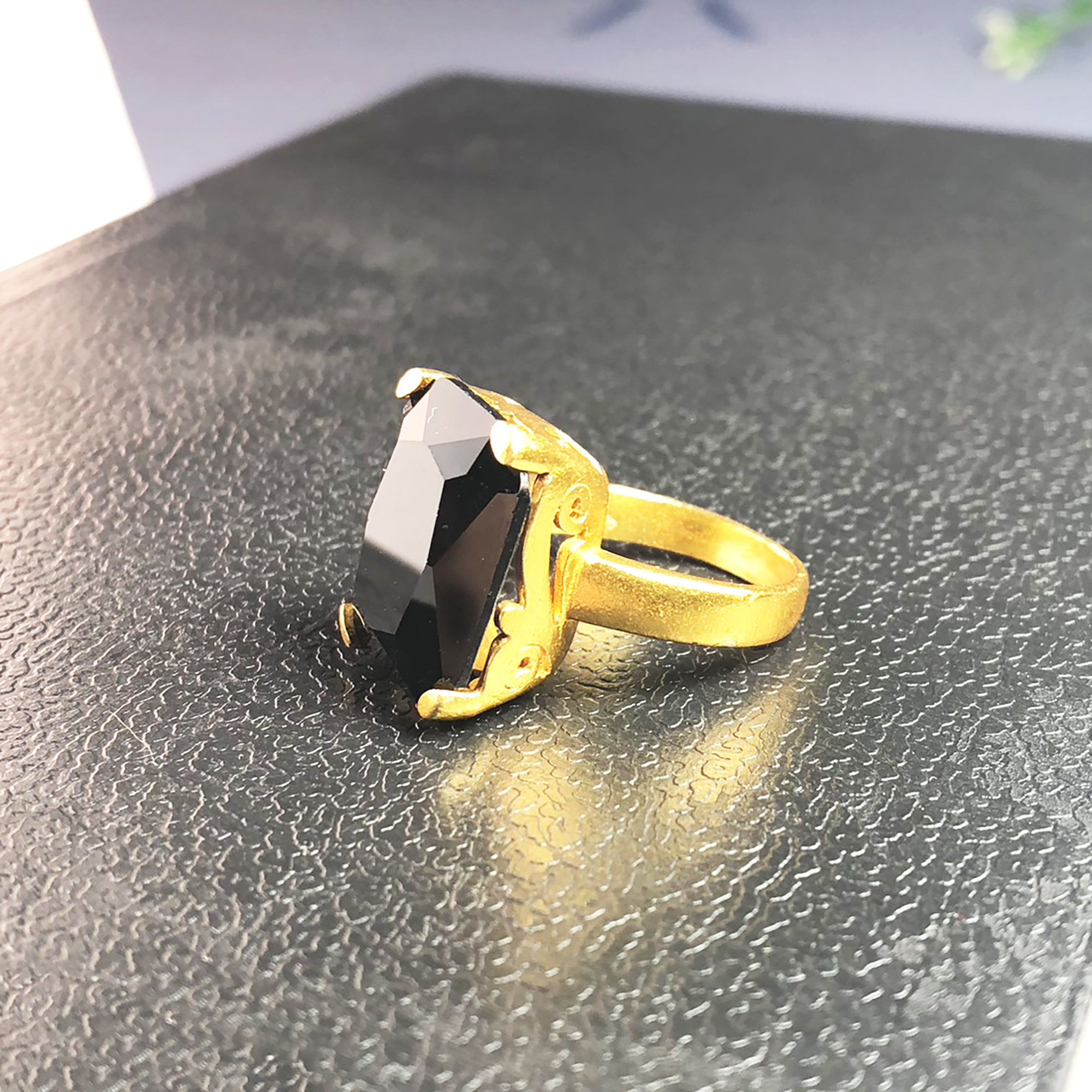 Crystal Beauty Gold Plated Panchadhatu Ring With Big Black Stone For Women