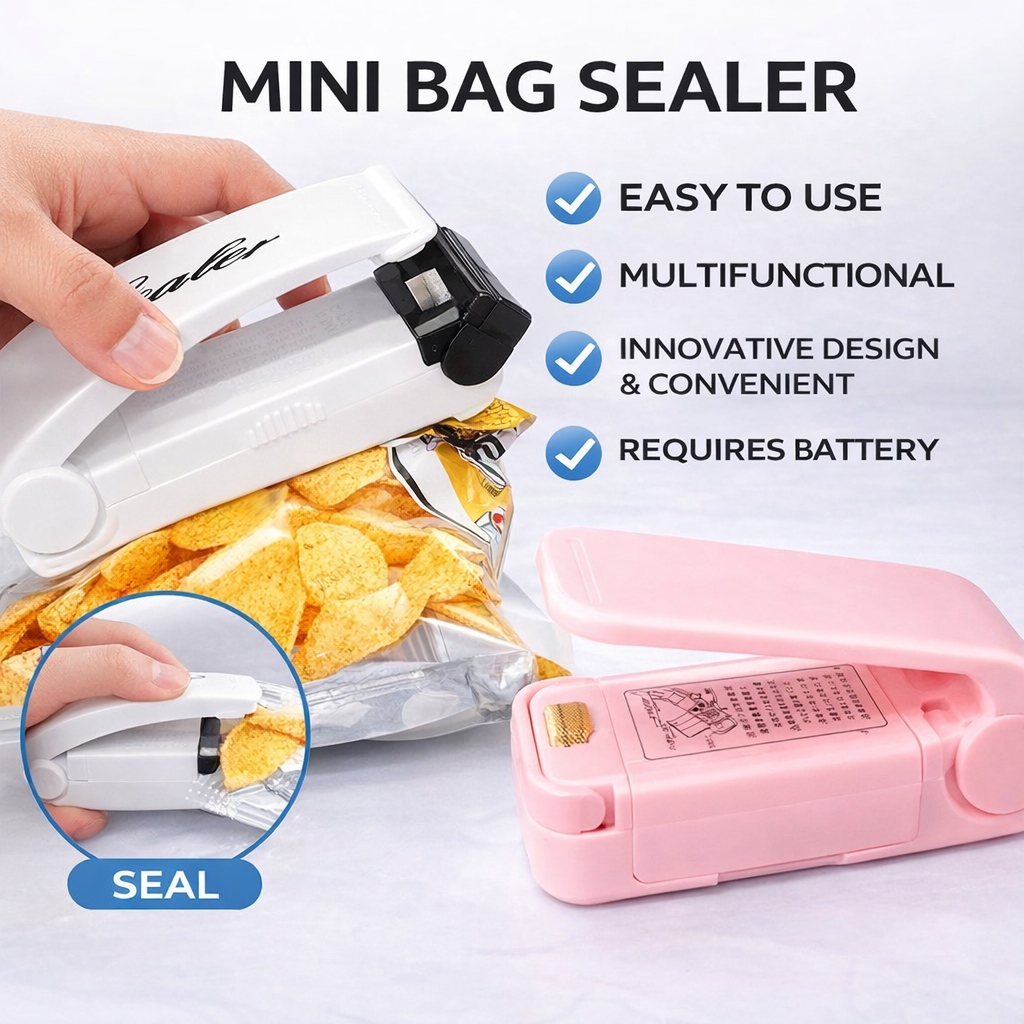 Mini Bag Sealer | Heat Sealer | Portable Plastic Food Packaging Sealer | Airtight Seal Preserver for Plastic and Vacuum Bags | Requires Battery