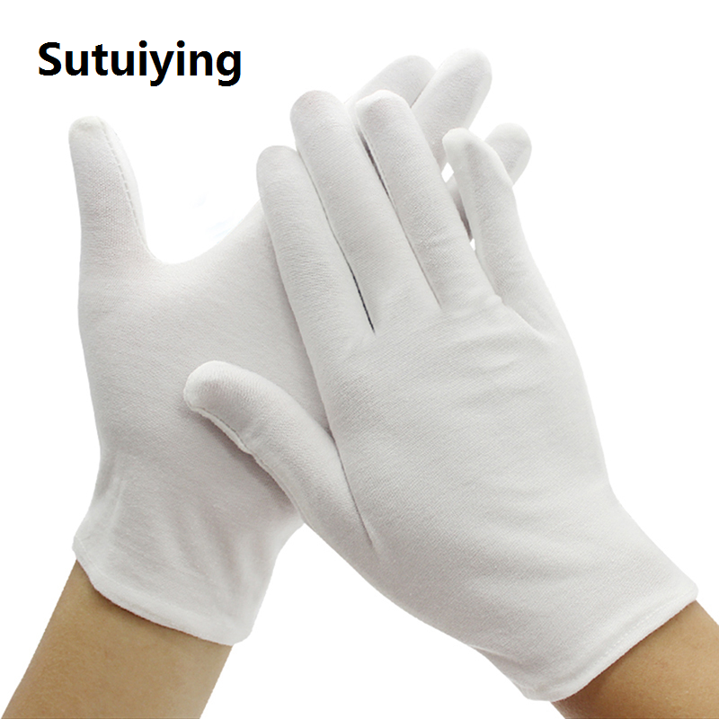 Sutuiying 1 Pairs New Full Finger Men Women Etiquette White Cotton Gloves Waiters/Drivers/Jewelry/Workers Mittens Sweat Absorption Gloves
