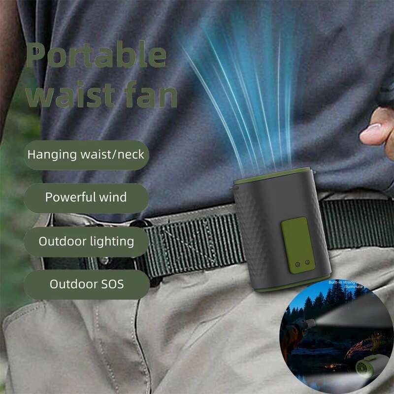 Portable Clip Waist Rechargeable 3Gears Speed 16000 rpm ,LED Lighting Cooling Hanging Camping Fan &Pocket Glare Flashlights