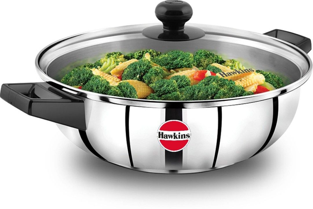 Hawkins Stainless Steel Cook And Serve Frying Pan With Glass Lid Sauce Pan 26 Cm Diameter With Lid 3 L Capacity (Stainless Steel, Induction Bottom) (SSF3LG)