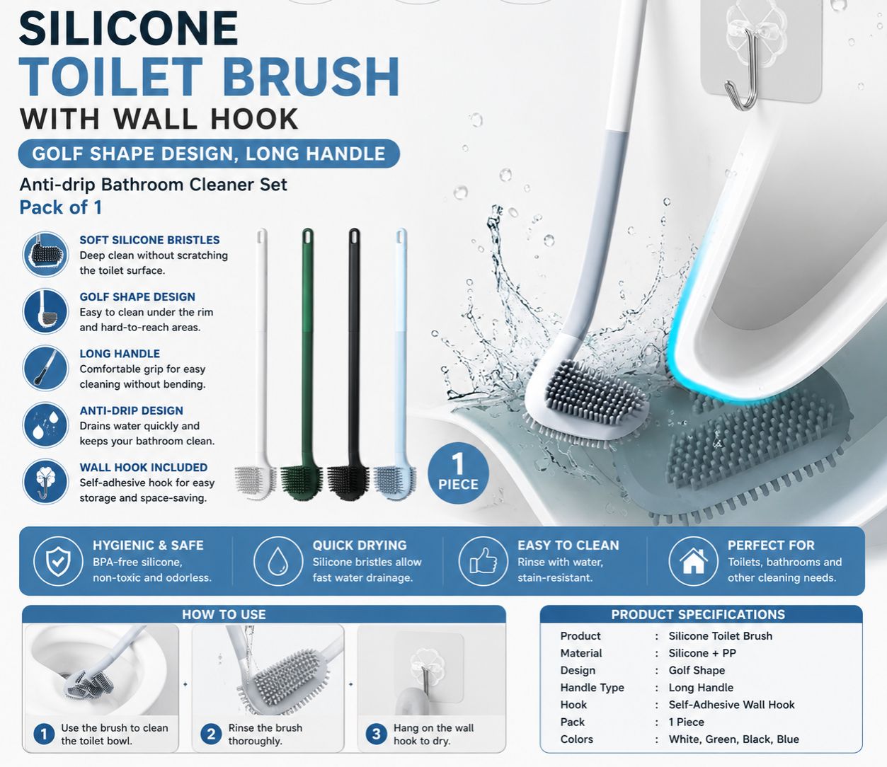 Silicone Toilet Brush with Wall Hook, Golf Shape Design, Long Handle, Anti-drip Bathroom Cleaner Set Pack of 1 By Trendwave