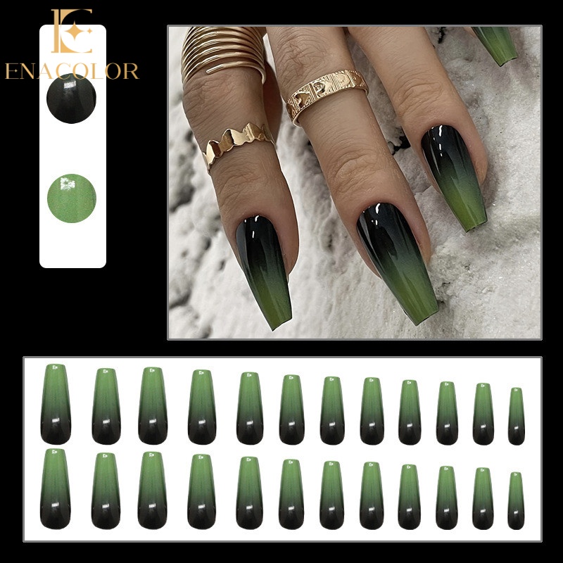 Enacolor 24Pcs Long Retro Green Fake Nails with Glue DIY Art Design False Nails Wearable Nails Stylish Pattern Artificial Nails