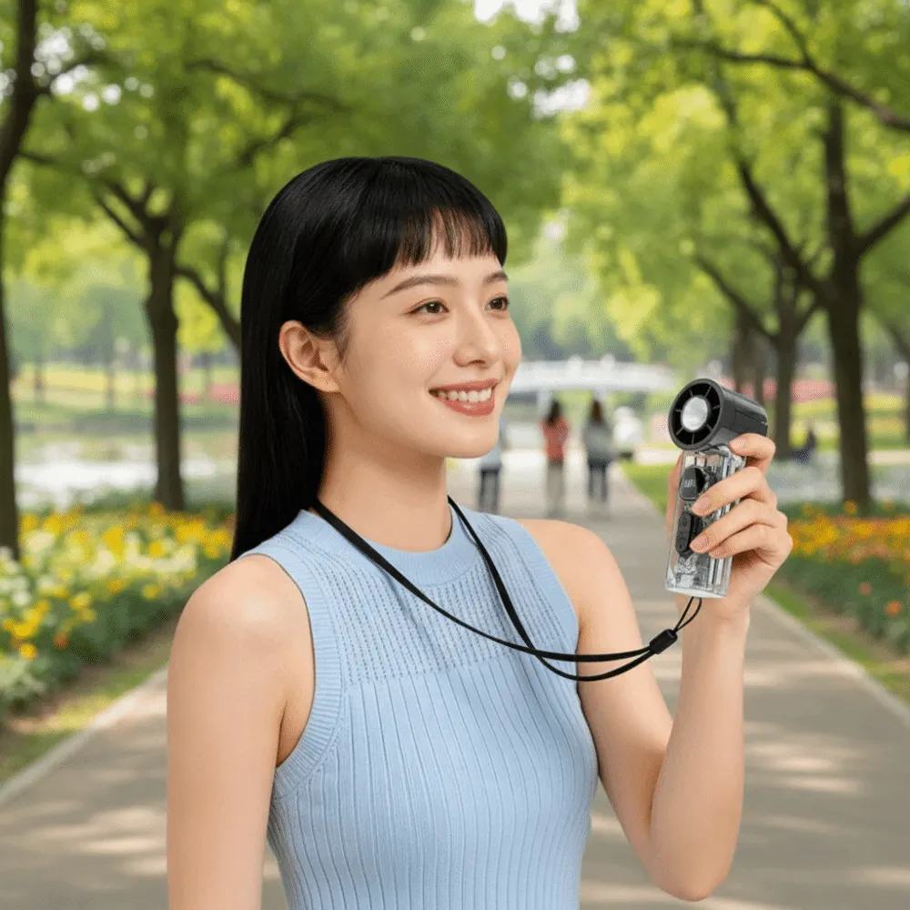 Portable 100 Gears Mini Pocket Turbo Fan Transparent Body with LED Light Handheld Fan Rechargeable Adjustable Speeds Neck Hanging Small Fan Outdoor - image 1
