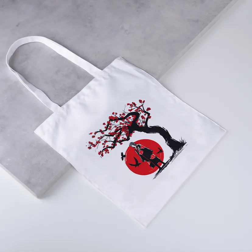 Anime Printed (Naruto / Itachi Uchiha Silhouttee / Akatsuki) White Polyester Tote Bag For Women