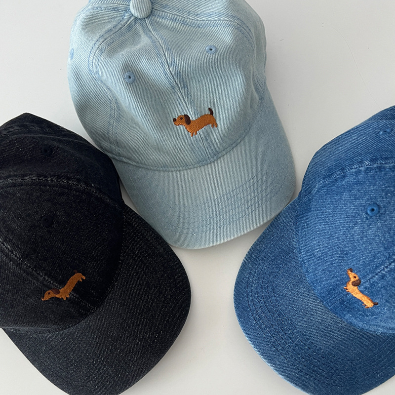 Cute embroidered puppy washed denim baseball cap female spring and autumn Japanese big head circumference face small soft top duck tongue hat
