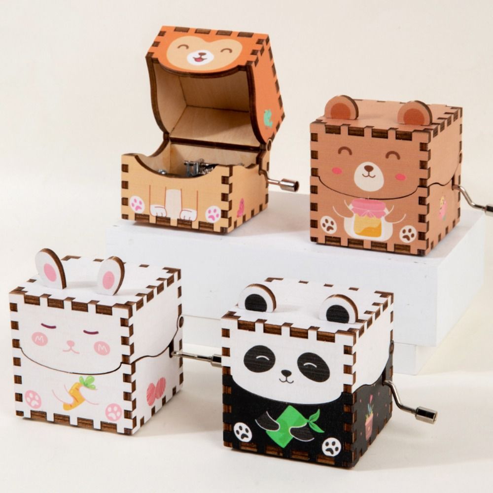 Crafts 3D Wooden Music Box Puzzle Structure DIY Hand Crank Musical Boxes Color Print Cartoon Animal Music Box Ornament