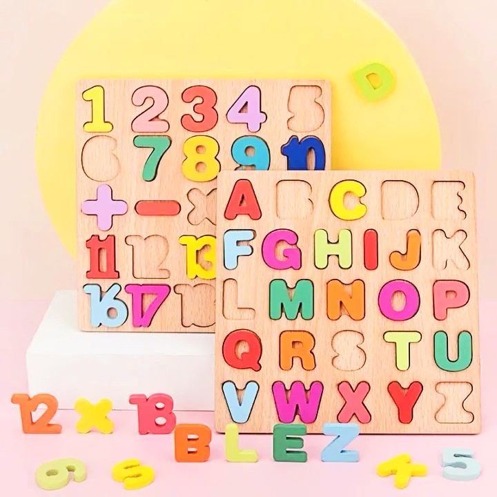 2-Pack Wooden Alphabet and Number Puzzle Set for Kids Learning