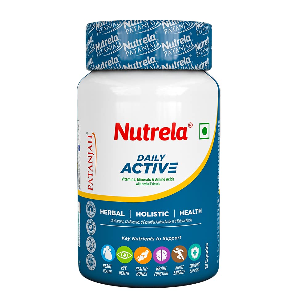 Nutrela Daily Active Multivitamin for Men & Women with essential amino acids, natural herbs , biofermented vitamins, minerals for Energy, Immunity, Brain, Eye & Heart Health - 30 Veg Capsules