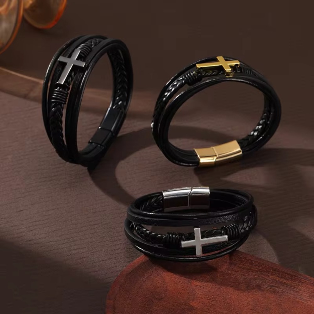 Casual Stainless Steel Leather Bracelet Multilayer Hand Braided Men's Bracelet Cuff Bracelet