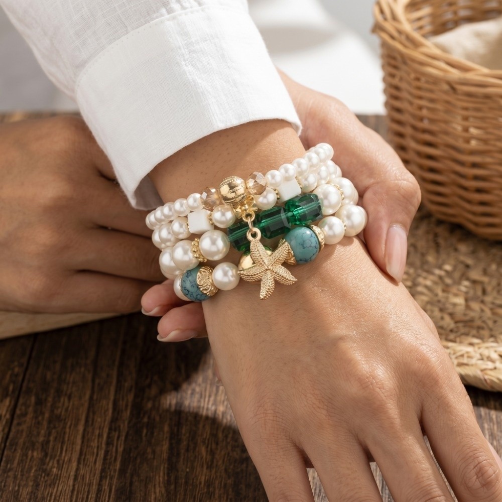 4pcs/set New Ethnic Style Simulated Bracelets Bohemia Style Adjustable Seastar Beads Bracelets Sets Stacking Trendy Multilayer Hand Chain Summer Accessories