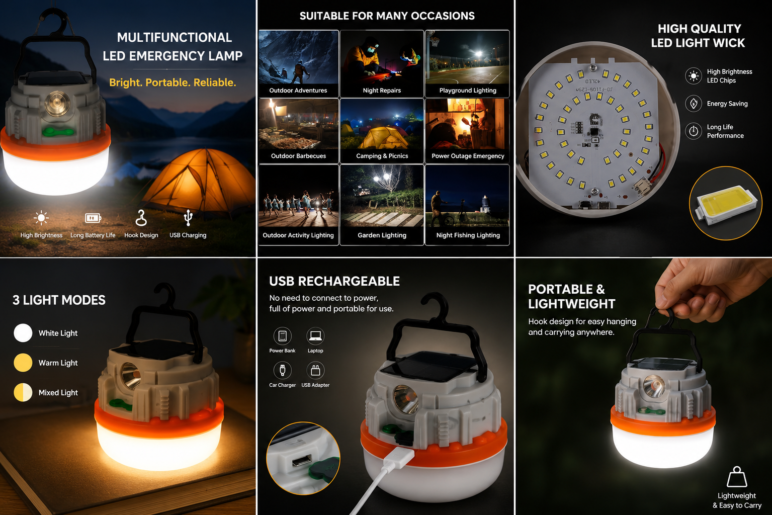 Rechargeable Solar LED Camping Light with Flashlight | USB & Solar Charging Hanging Emergency Lantern | 3 Lighting Modes for Outdoor, Camping & Power Outage
