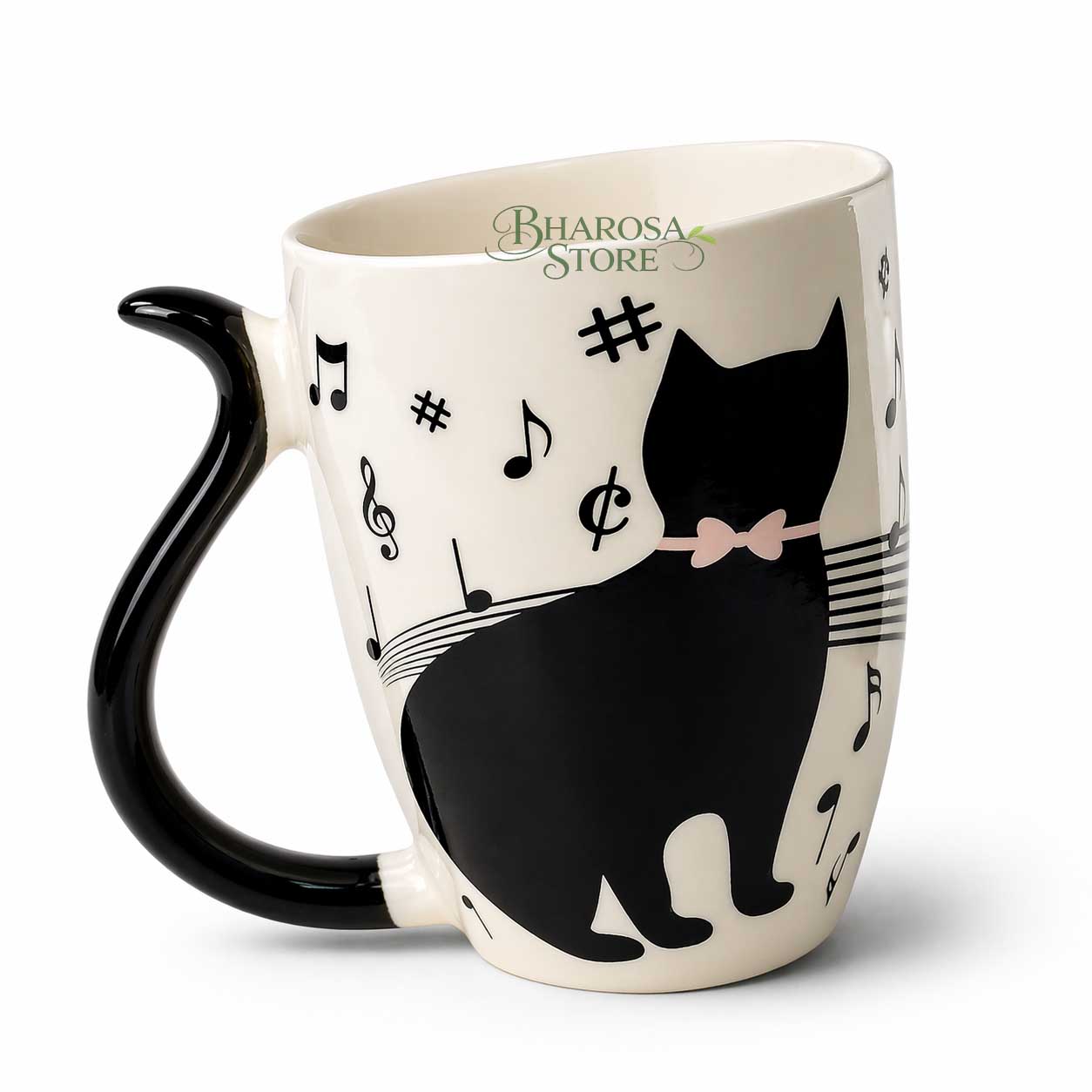 Elegant Black Cat Printed Tea And Coffee Cup With Sculpted Tail Grip Handle And Minimal Artistic Detailing