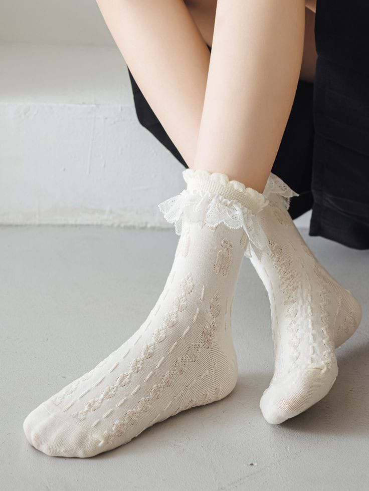 Socks For Women Summer Cotton Blend 1 Pair Ruffle Bowknot Cute Casual Style Black and White