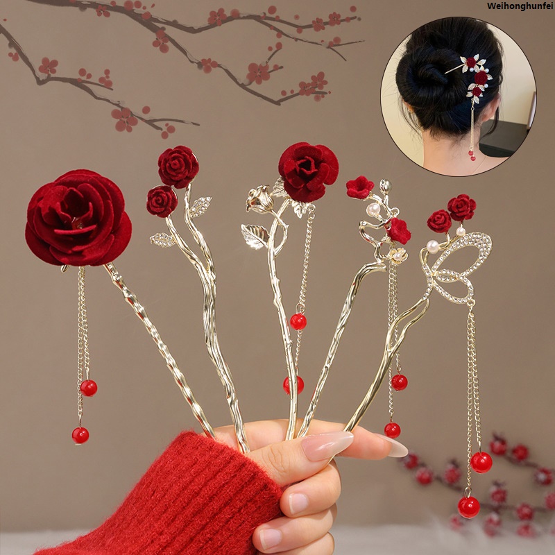 WeihonghunfeiFifty percent discount Chinese Style Retro Rose Tassel Hair Stick Pins Hair Clips For Women Hairpin Flower Handmade Hairpins Valentine's Day Headwear