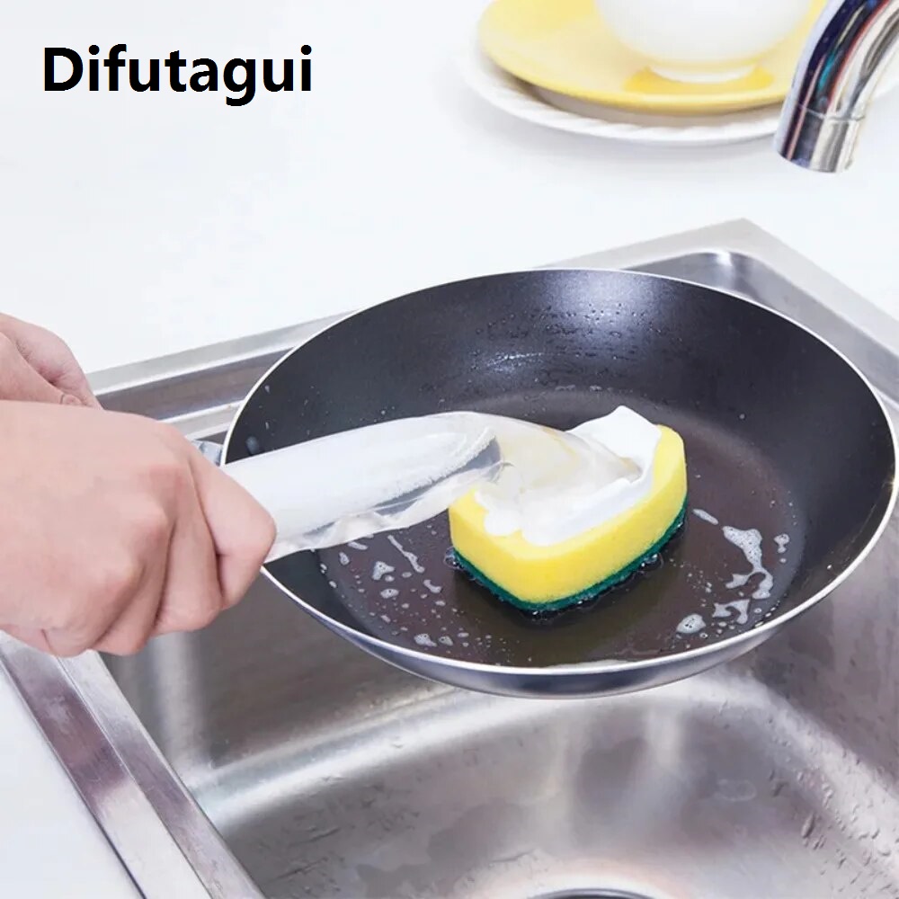 Difutagui Cleaning Tools Soap Dispensing Dish Cleaning Brush Set with 1 Dish Washing Handle 2 Sponge Replacement Head Kitchen Sink Scrubber Cleaning Tool