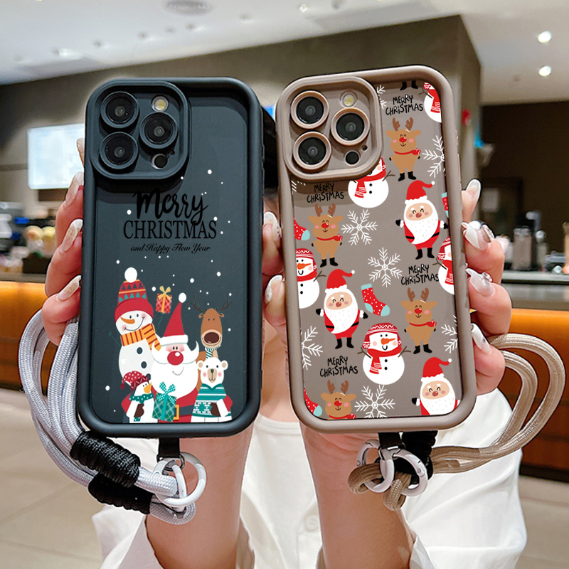 Christmas Pattern Lanyard Rope Phone Case For Samsung Galaxy S25 S24 S23 S22 S21 Ultra Plus FE A14 A32 A53 A13 A16 Soft Cover