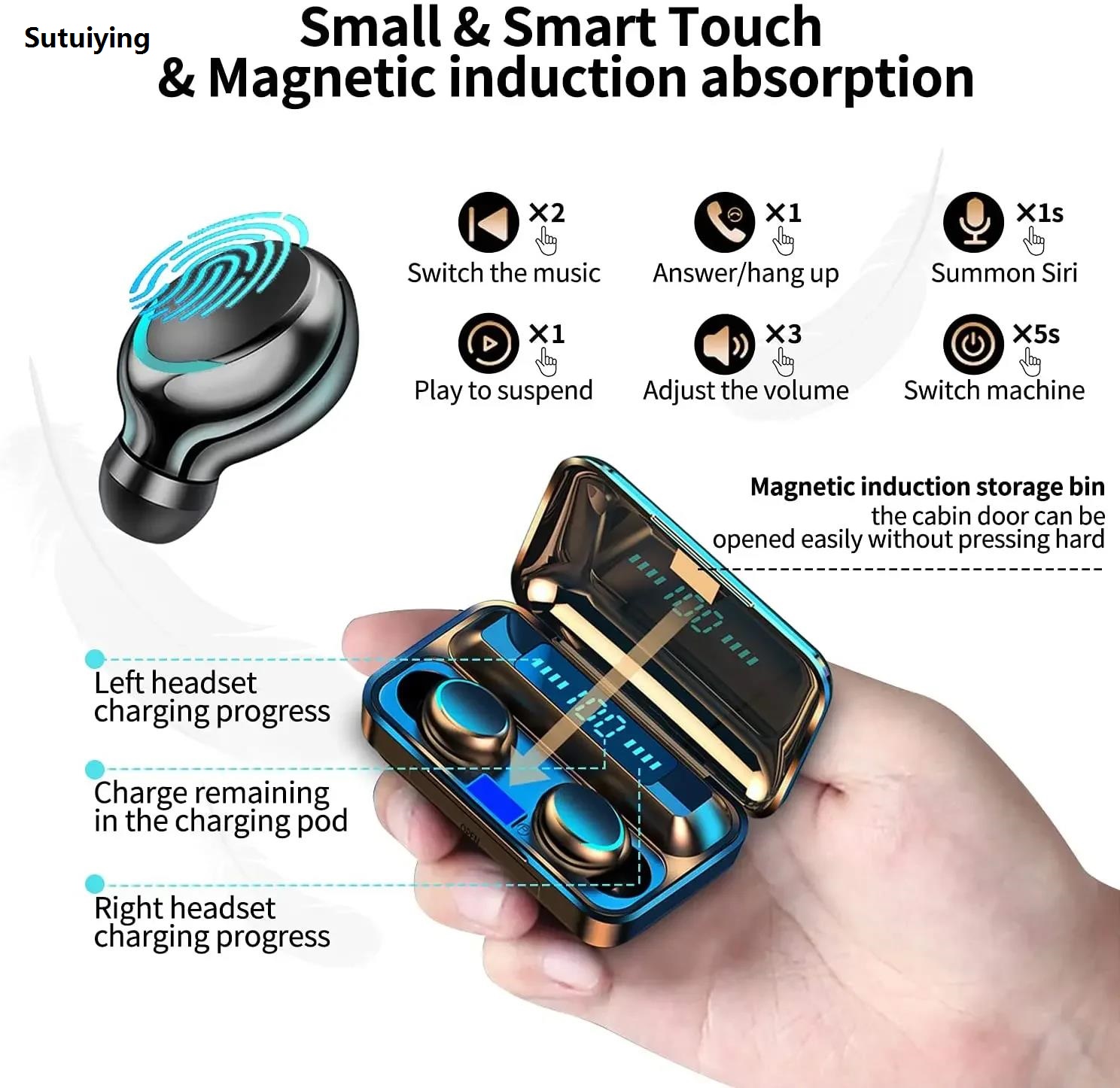 Sutuiying Wireless Headphone F9-5C Bluetooth Earphone Touch Sports Stereo Portable Headset Mini Bass TWS Earbuds with Micrphone for Phone