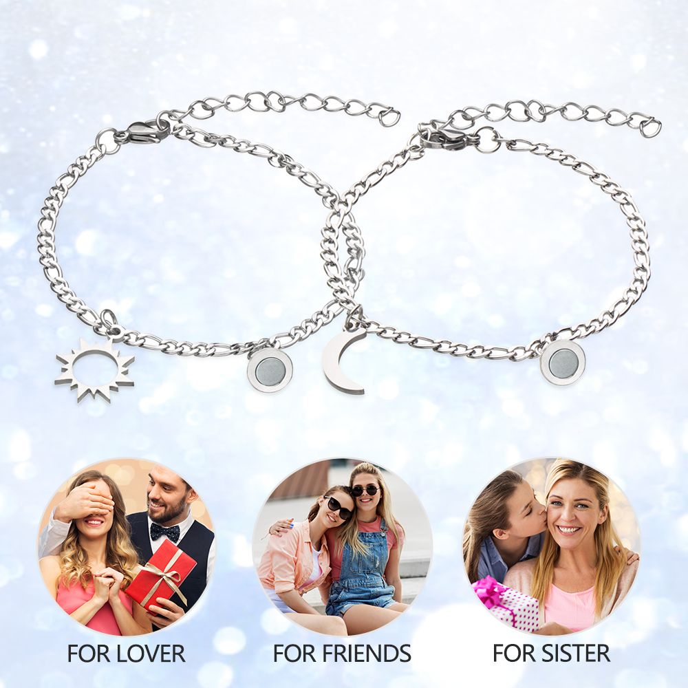 2PCS/Set Gifts for Women Men Stainless Steel Valentine's Day Gifts Jewelry Couple Bracelets Attraction Bracelets Magnet Bracelets Moon and Sun