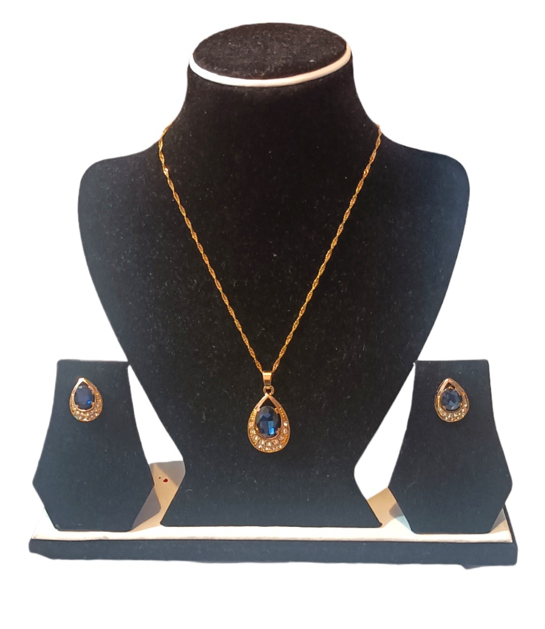 Gold-Plated Blue Crystal Retro Drop Necklace & Earring (Jewellery Set)
