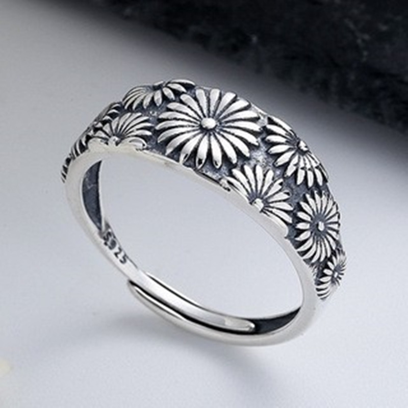【New Arrivals】New Metal Flower Vintage Daisy Thai Silver Ring Jewelry Women Adjustable Direct Supply