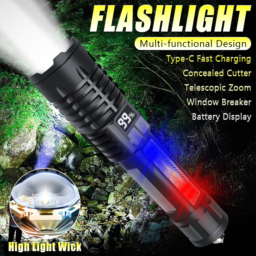 New Powerful Led Flashlight Rechargeable Tactical Torch With Hammer High Power Led Flash Light Portable Camping Emergency Lantern