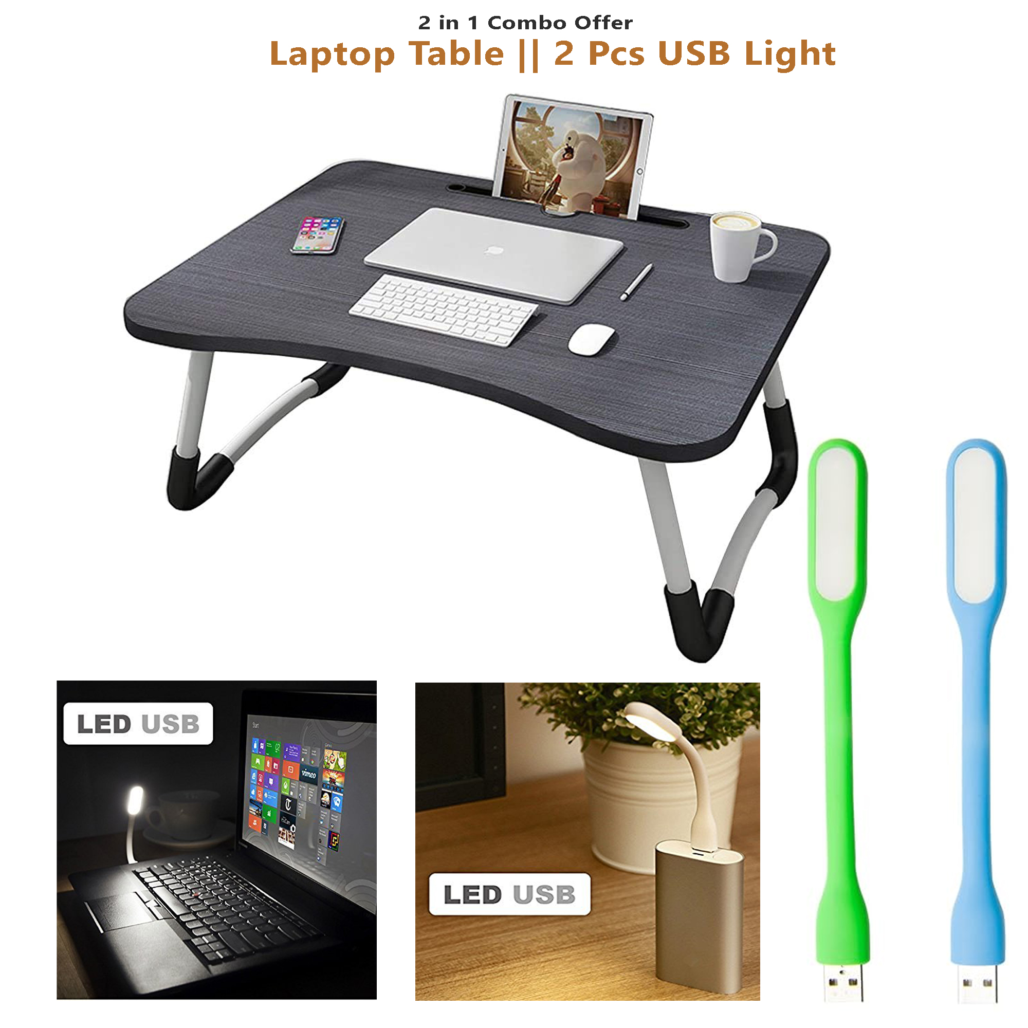 2 in 1 Combo: Foldable Laptop Desk & Mini USB LED Lights - Portable & Practical | Laptop Table | Study Table | Home Work Table