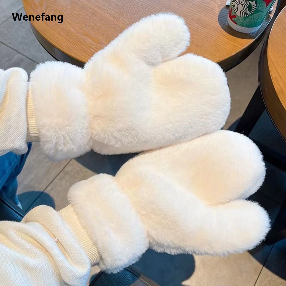 Wenefang 1Pair Women Cute Warm Winter Gloves New Thickened Fluffy White Plush Gloves Velvet Letter Gloves One size