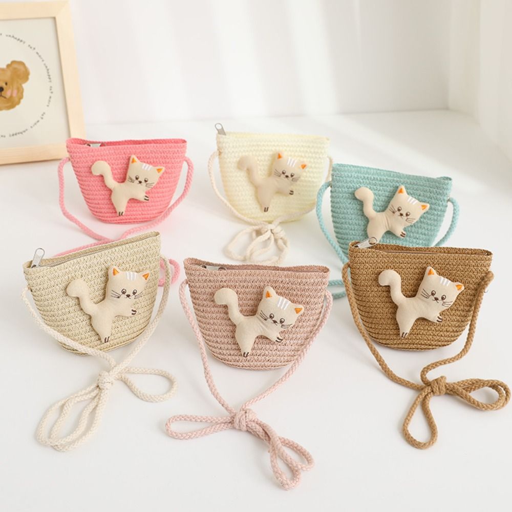 Cute Cartoon Cat Mini Straw Bag Handmade Woven Zipper Kid Messenger Bags Coin Purse Photo Props Crossbody Handbag