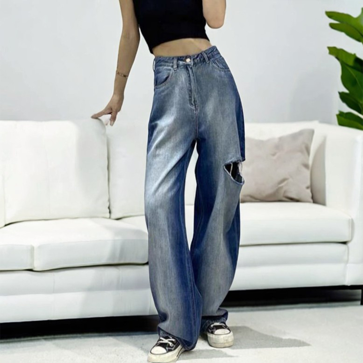 Blue High Waist Straight Baggy Grunge Jeans For Women - Fashion | Jeans | Pants For Women | Women'S Wear |