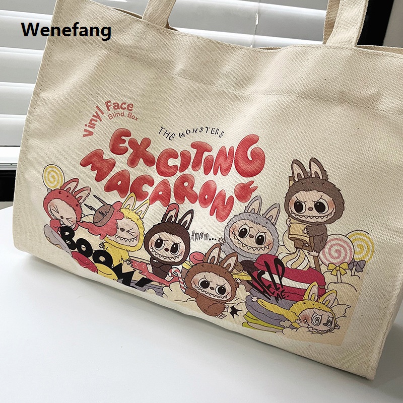 Wenefang 2024 New Labubu Printed Letters Tote Bag Large Shoulder Bag Ladies Canvas Zipper Concealed Commuting Everyday Joker Handbag