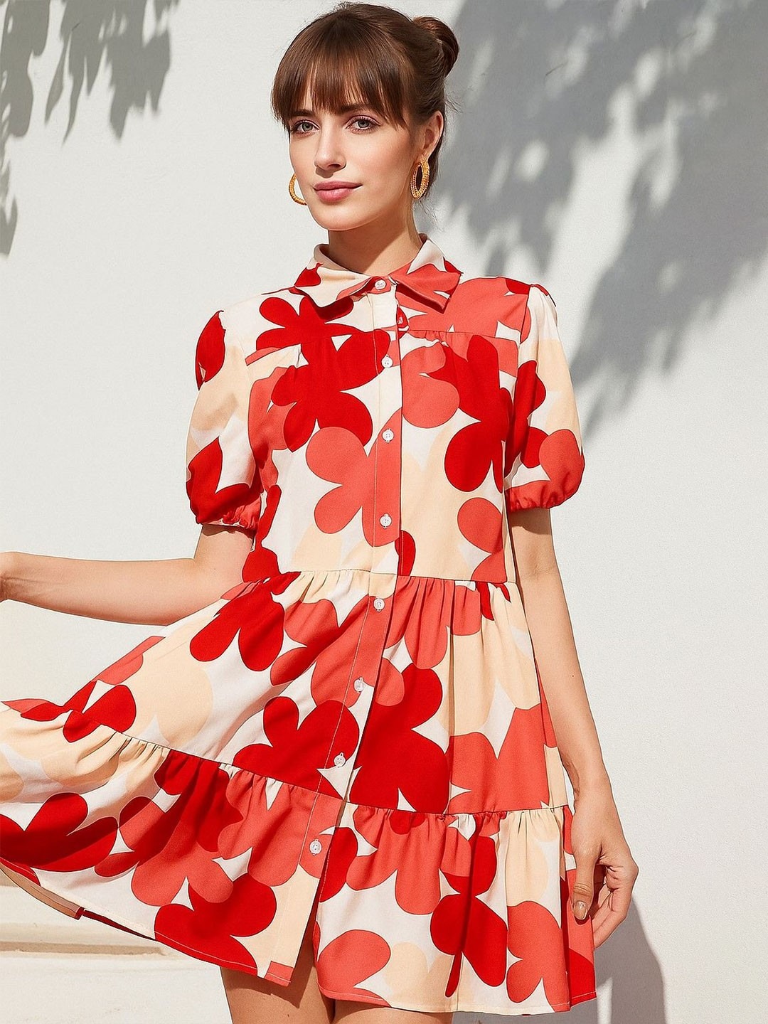 Fabdale | Buy Online Red Floral Printed Shirt Dress for Women | Above Knee-Length Belted Dress with Puff Sleeves & Flounce Hem | Casual Western Wear(shat)