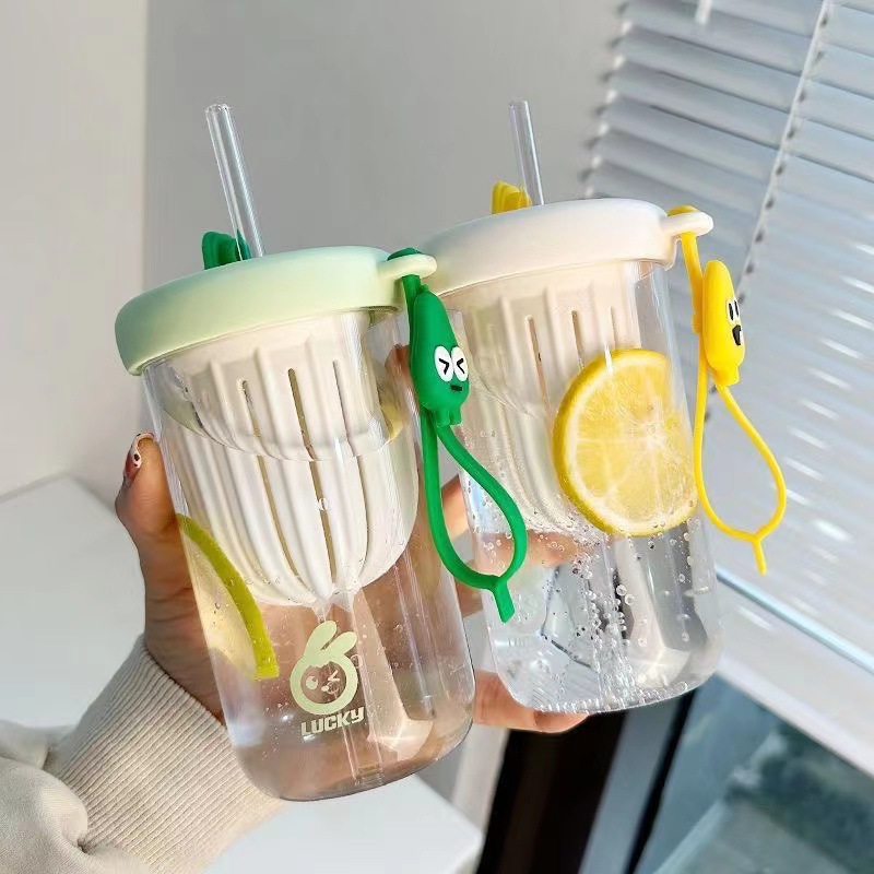 Cup Net Red Tea Fashion Women's New Style With Straw Tube Cup, Girls Water Cup High Value Plastic Cup 2022 Belt, Comfortable Portable Partition Student Children