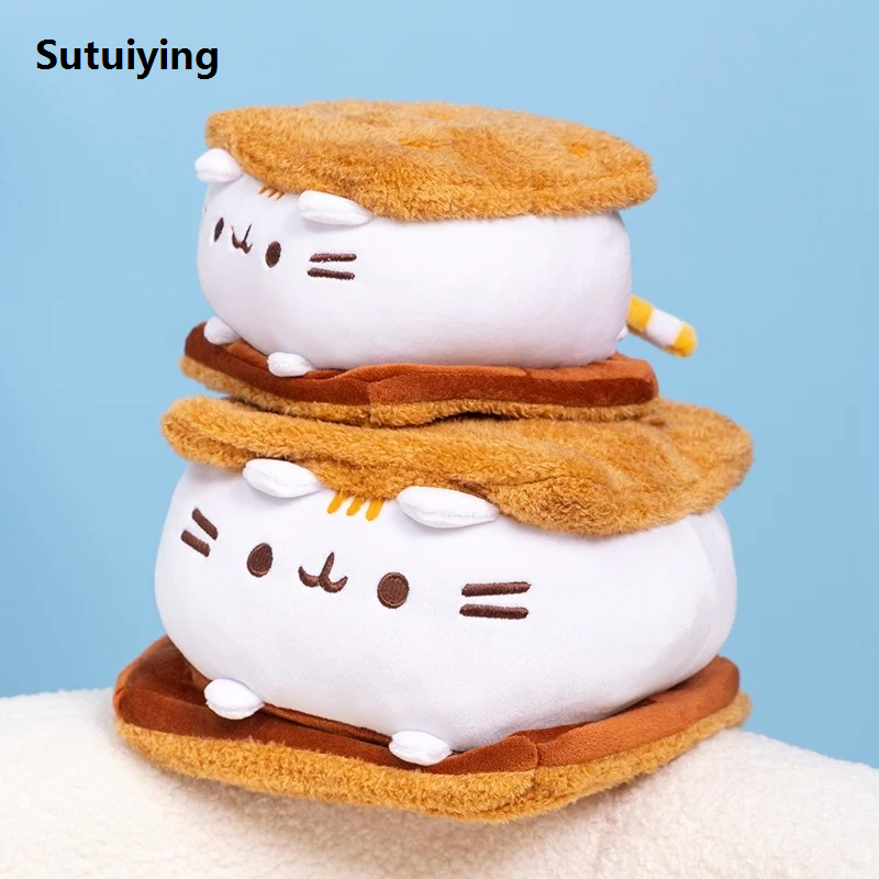Sutuiying Kawaii Chocolate Cookie Fat Cat Plushie Soft Stuffed Animals Kitten Profesional Throw Pillow Sofa Decor Cushion Accompany Sleep Toy Kids
