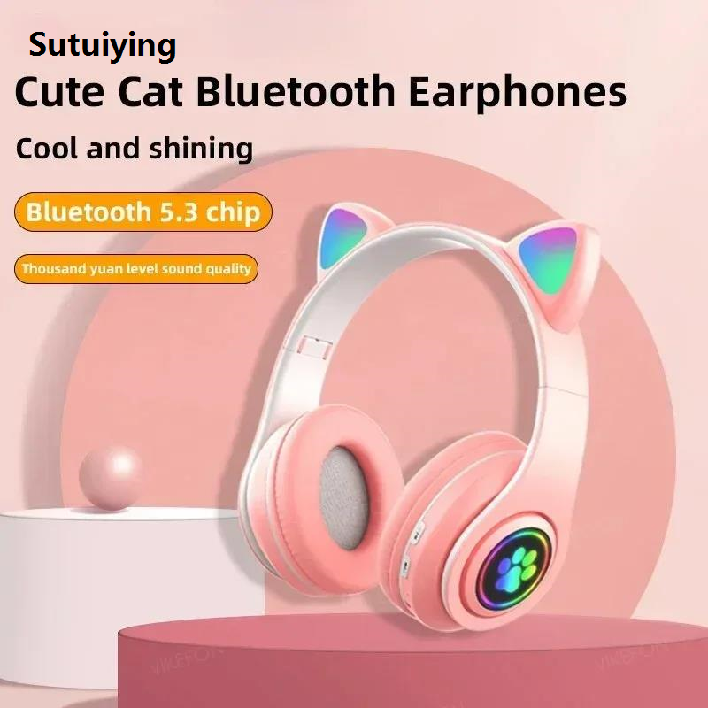 Sutuiying Cute Cat Wireless Headphones RGB Cute Cat Ears Headset With Microphone 【2025 Version】 Noise Cancelling Kid Stereo Music Children's Gifts
